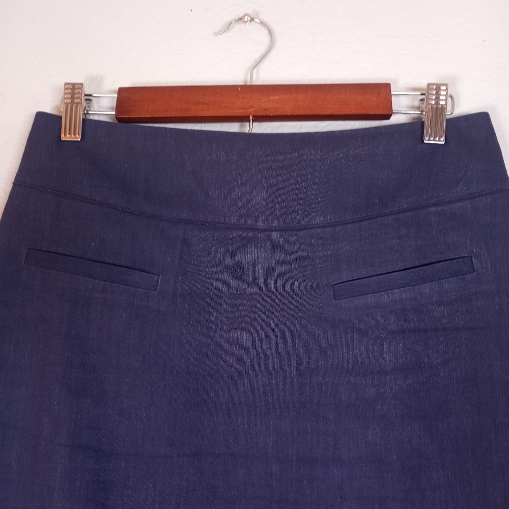Rebecca Taylor Linen Navy Blue Ruffled Hem Academia  Office Siren Pencil Skirt 8 - Picture 3 of 9
